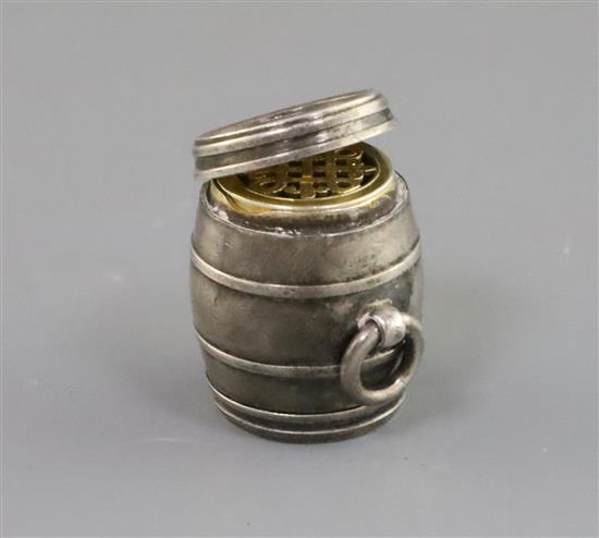 A Victorian novelty silver double-ended vinaigrette modelled as a barrel, by Henry William Dee, 26mm.